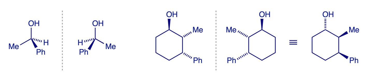 Two examples of enantiomeric pairs; the grey dashed lines represent mirror planes