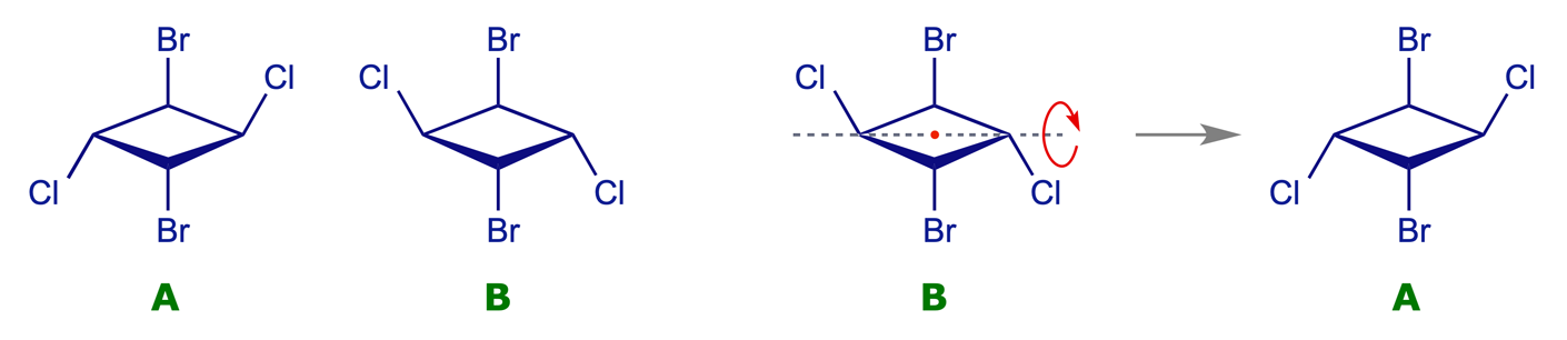 The structure of (1<em>R</em>,2<em>R</em>,3<em>S</em>,4<em>S</em>)-1,3-Dibromo-2,4-dichlorocyclobutane, which has a centre of symmetry and is achiral