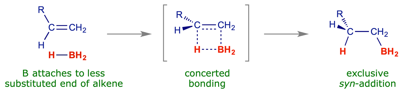 Scheme showing the mechanistic outcome of the concerted regioselective addition of BH<sub>3</sub> to a monosubstituted alkene
